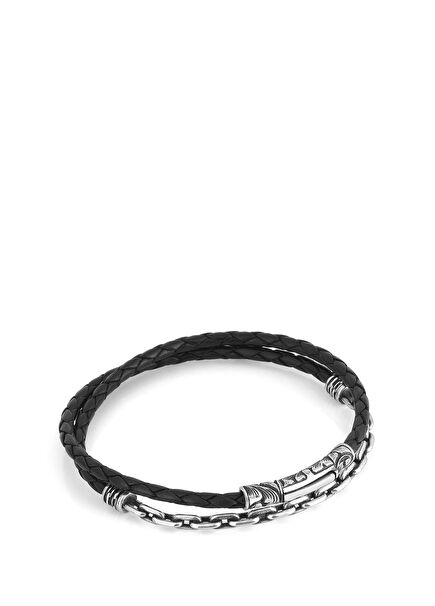 Arc Chain Leather Men's Silver Bracelet